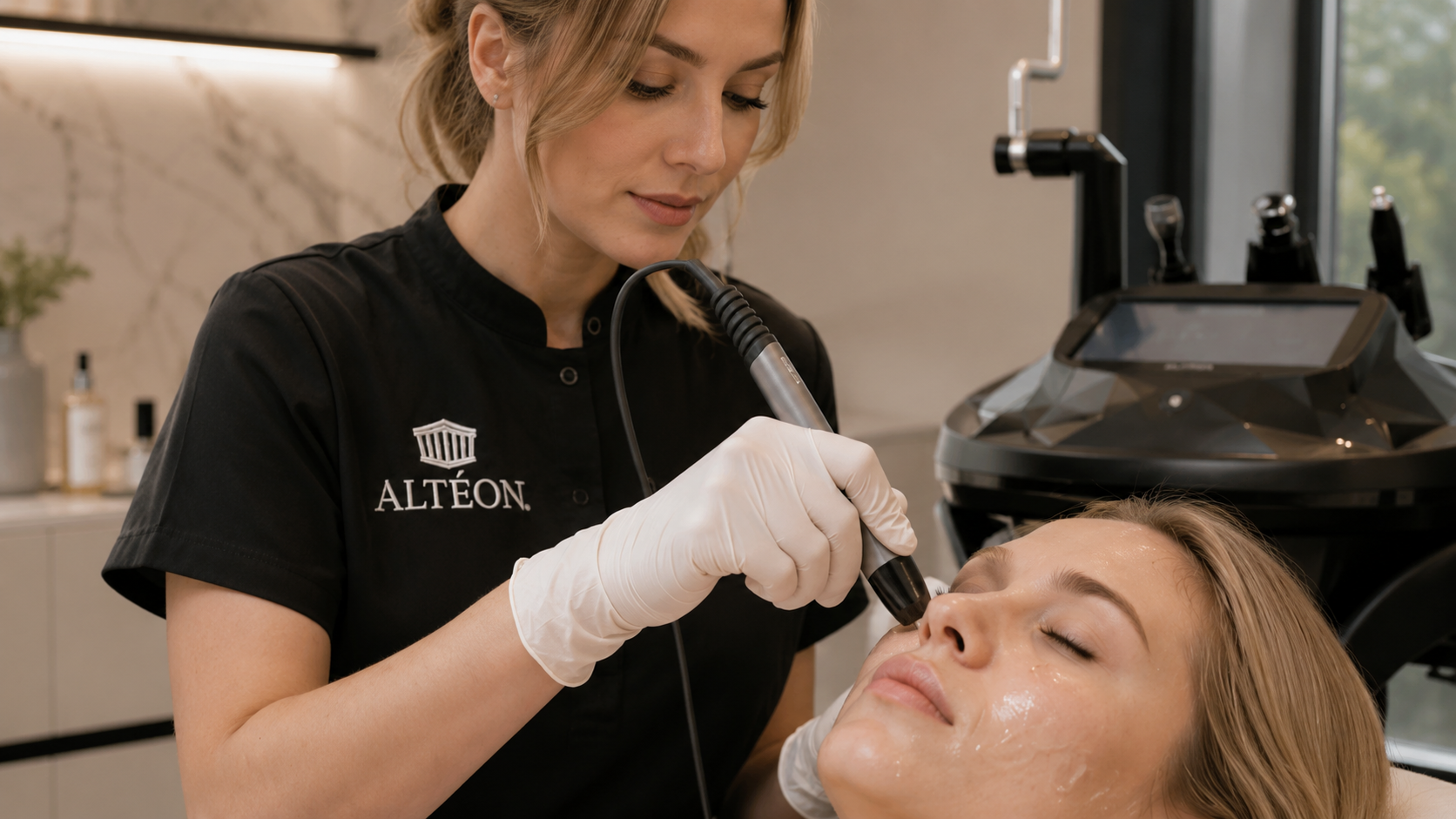 An ALTÉON practitioner treating the eye zone of a reclined client, the device docked beside the chair