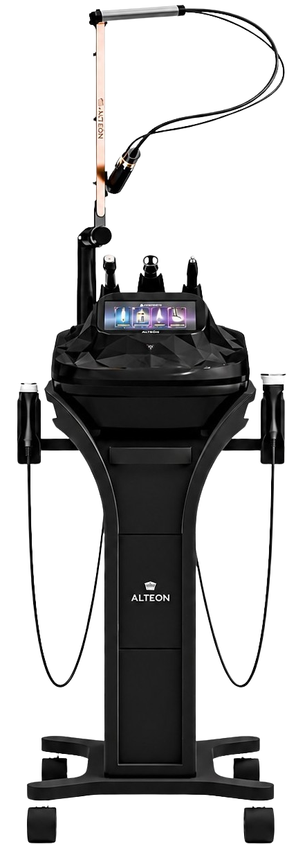 ALTÉON device on its trolley stand, handpieces docked and the treatment screen lit